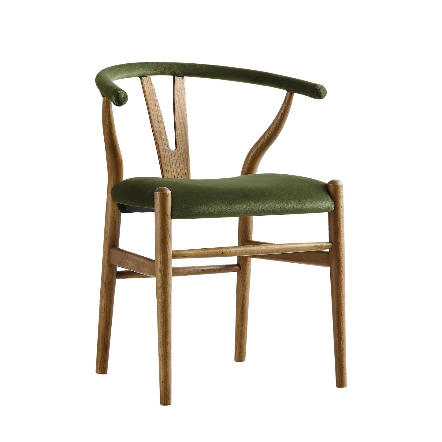 Chaise de salle à manger rembourrée Hansel Wishbone, velours vert mousse et cadre en noyer clair
