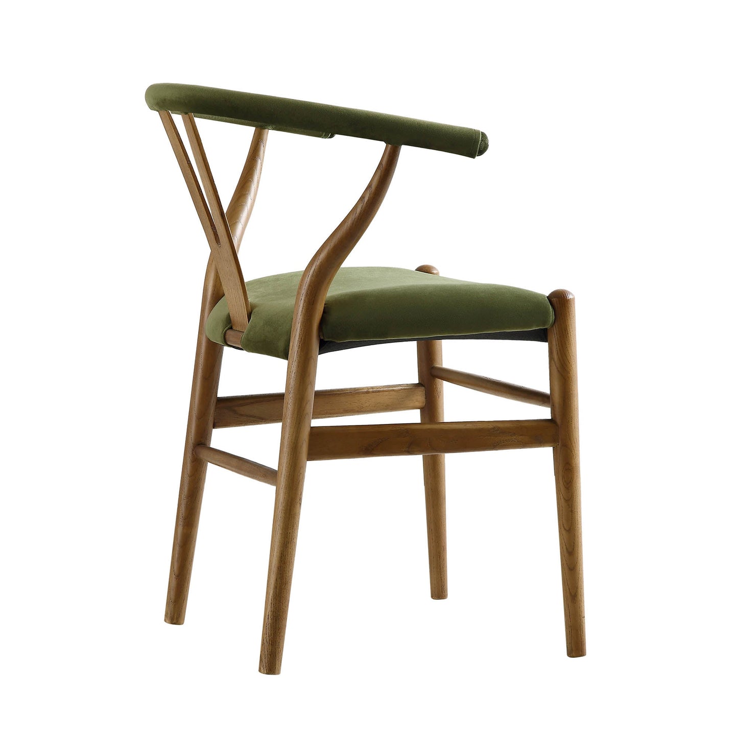 Chaise de salle à manger rembourrée Hansel Wishbone, velours vert mousse et cadre en noyer clair