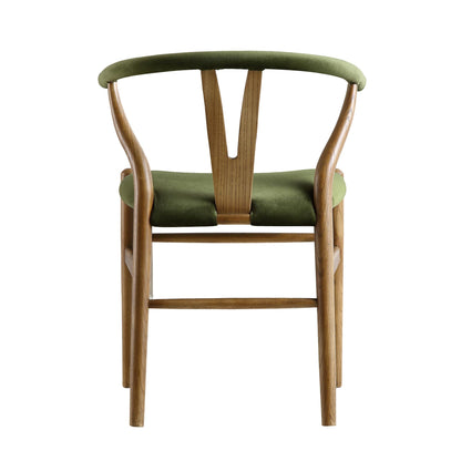 Chaise de salle à manger rembourrée Hansel Wishbone, velours vert mousse et cadre en noyer clair