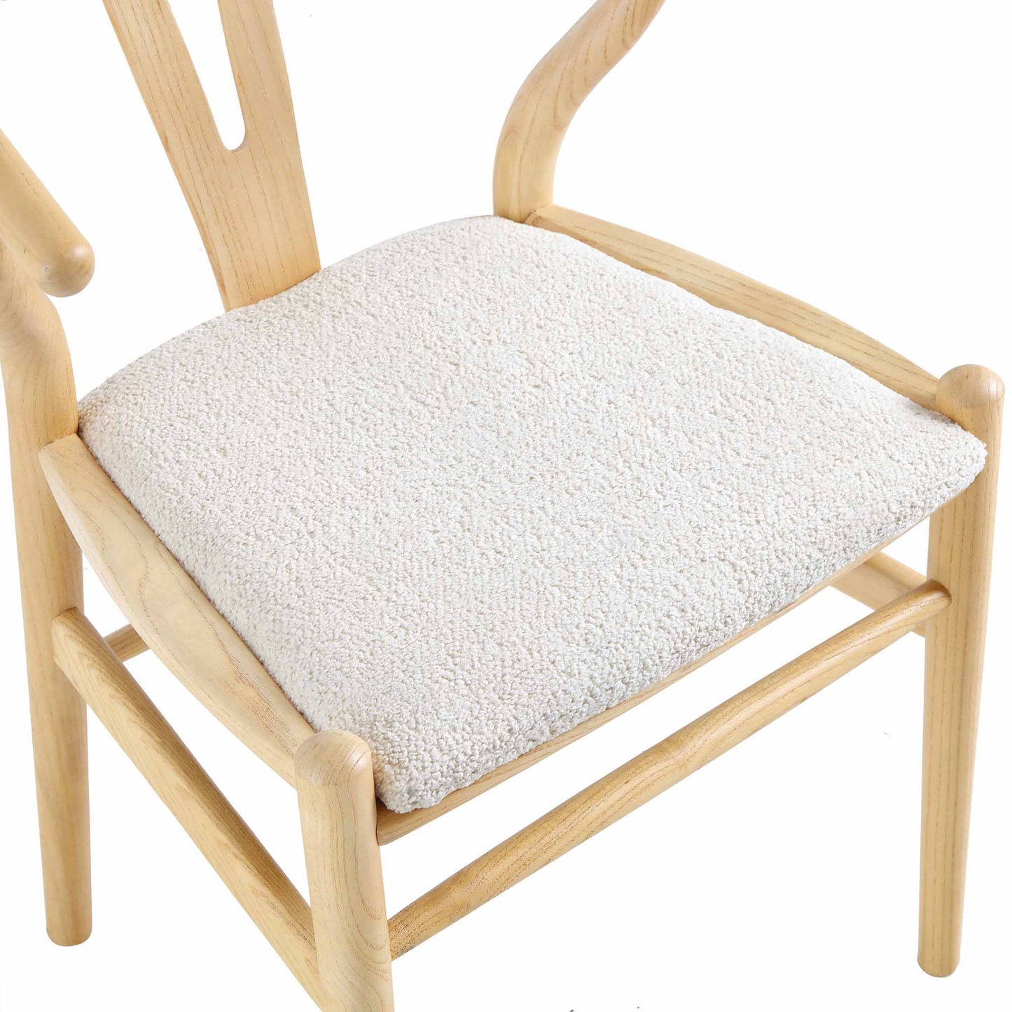 Chaise de salle à manger Hansel en bois Wishbone, boucle blanc ivoire et cadre naturel