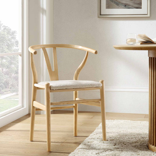 Chaise de salle à manger Hansel en bois Wishbone, boucle blanc ivoire et cadre naturel