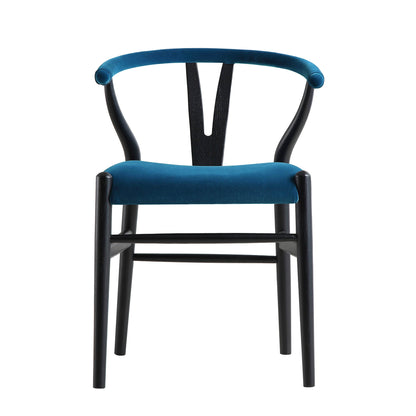 Chaise de salle à manger rembourrée Hansel Wishbone, velours bleu et cadre noir