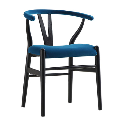 Chaise de salle à manger rembourrée Hansel Wishbone, velours bleu et cadre noir