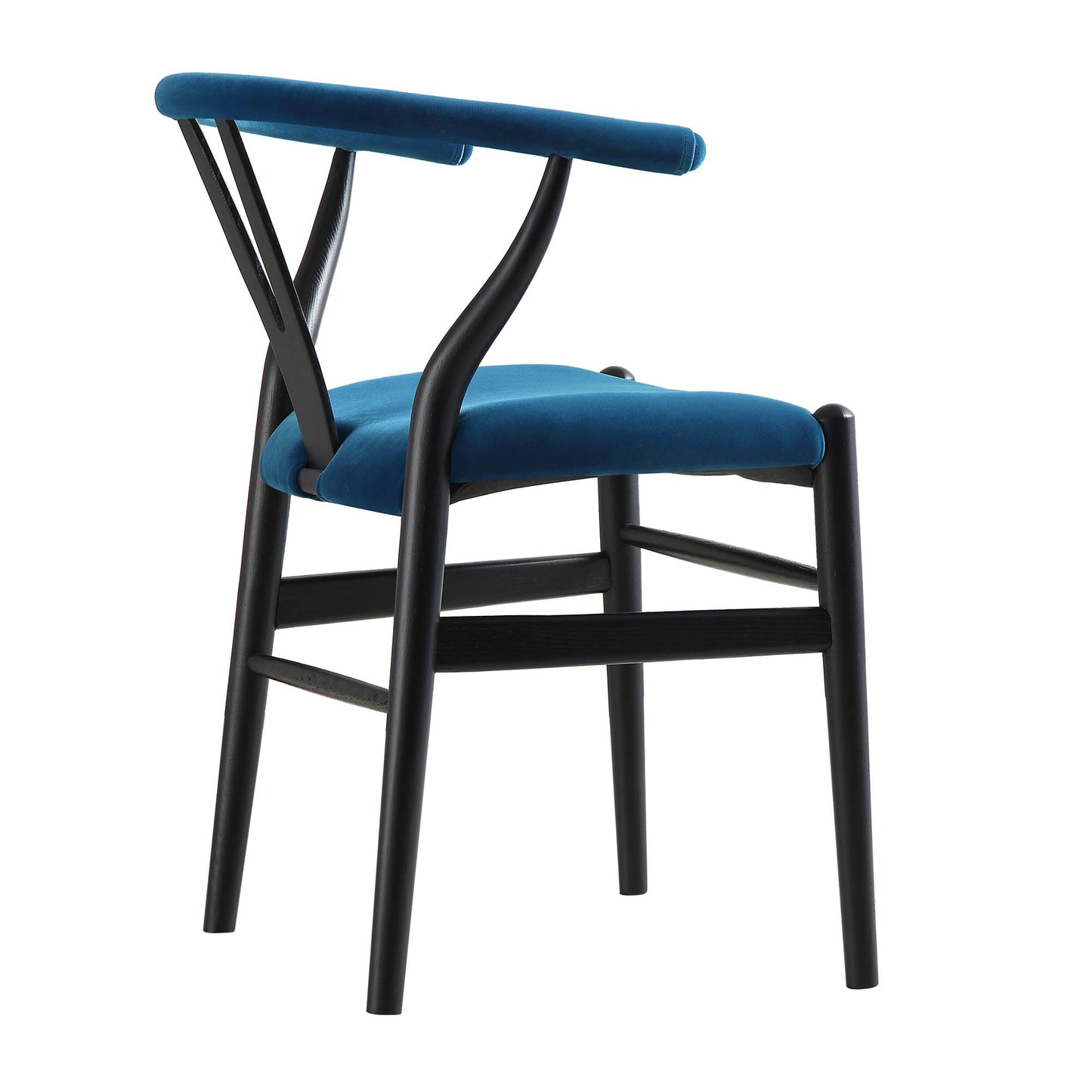 Chaise de salle à manger rembourrée Hansel Wishbone, velours bleu et cadre noir
