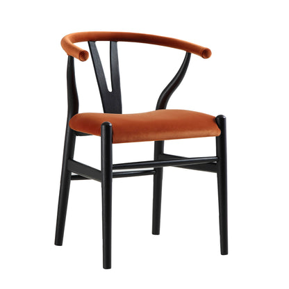 Chaise de salle à manger rembourrée Hansel Wishbone, velours rouille et cadre noir