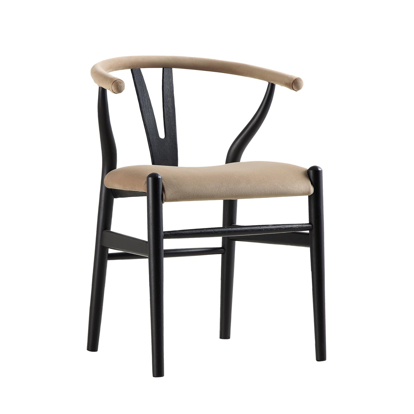 Chaise de salle à manger rembourrée Hansel Wishbone, velours taupe et cadre noir