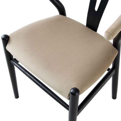 Chaise de salle à manger rembourrée Hansel Wishbone, velours taupe et cadre noir