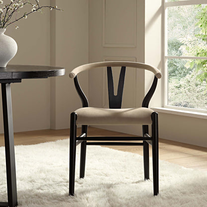 Chaise de salle à manger rembourrée Hansel Wishbone, velours taupe et cadre noir