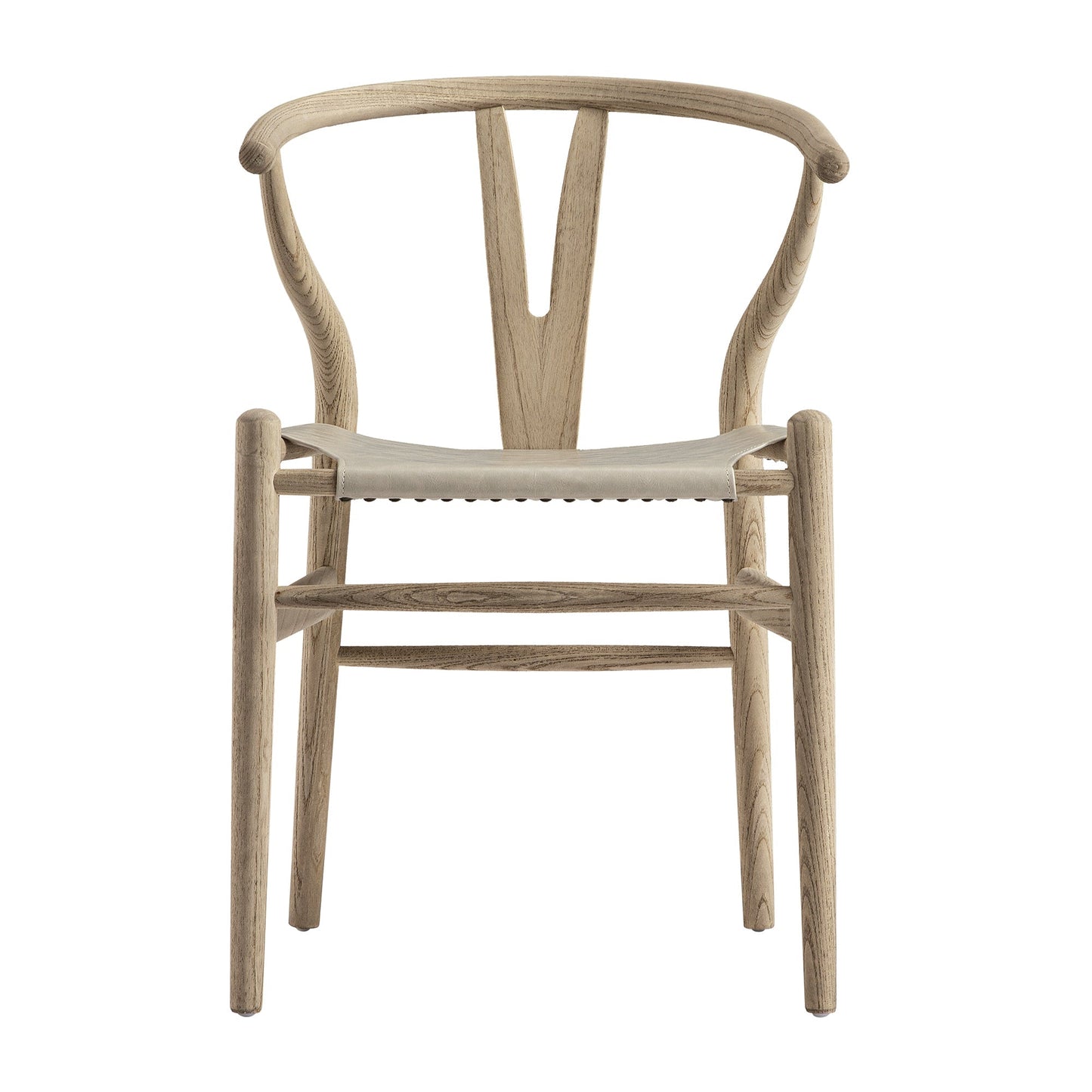 Chaise de salle à manger Hansel, structure en orme patiné et assise en similicuir gris clair