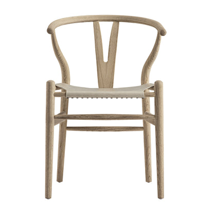 Chaise de salle à manger Hansel, structure en orme patiné et assise en similicuir gris clair