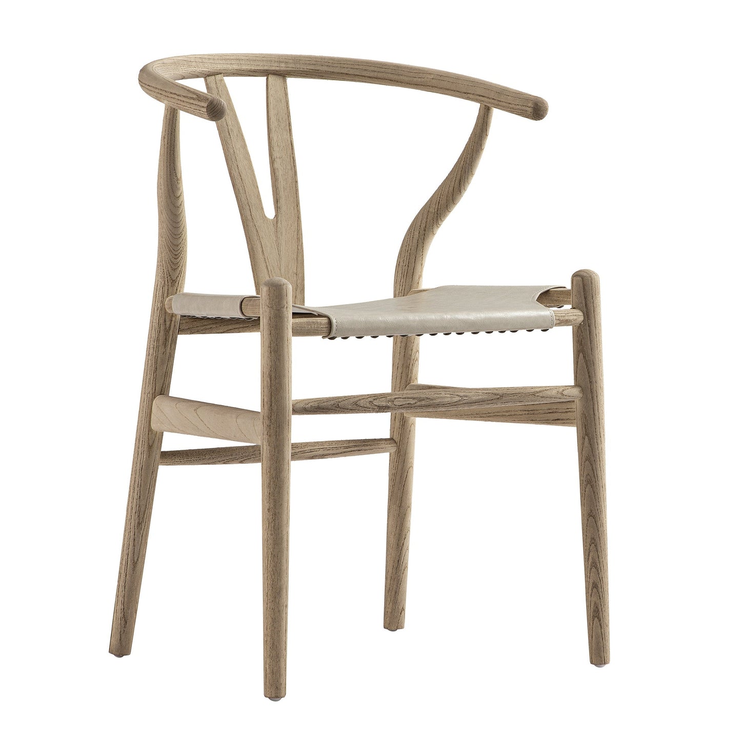 Chaise de salle à manger Hansel, structure en orme patiné et assise en similicuir gris clair