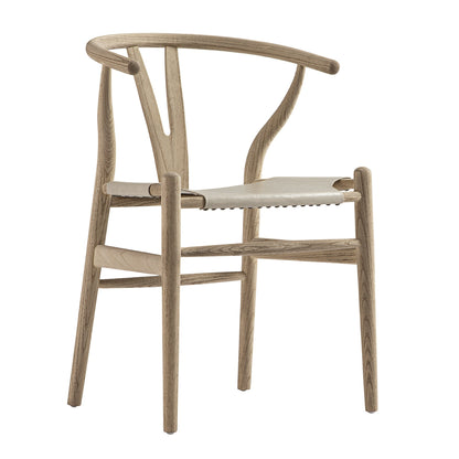 Chaise de salle à manger Hansel, structure en orme patiné et assise en similicuir gris clair