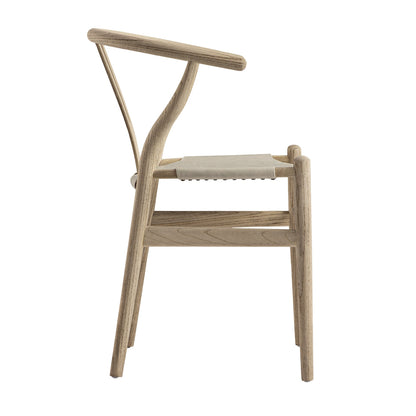 Chaise de salle à manger Hansel, structure en orme patiné et assise en similicuir gris clair