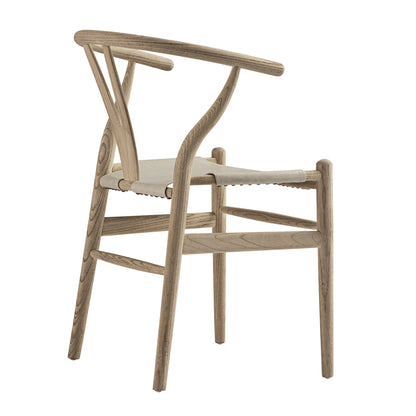 Chaise de salle à manger Hansel, structure en orme patiné et assise en similicuir gris clair