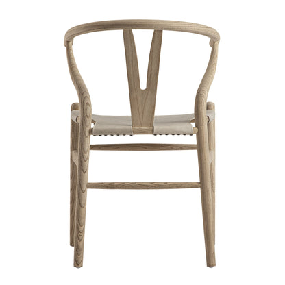 Chaise de salle à manger Hansel, structure en orme patiné et assise en similicuir gris clair