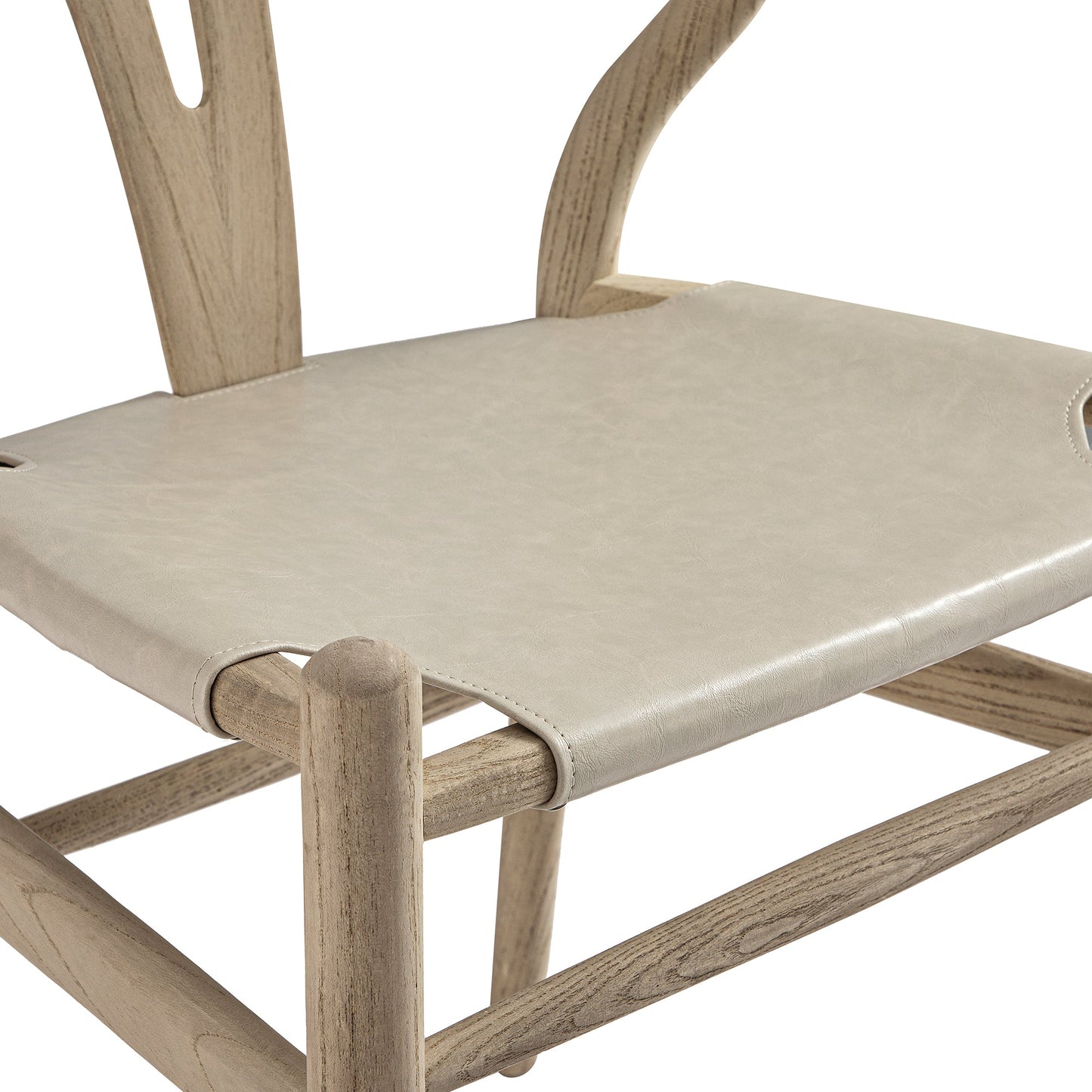 Chaise de salle à manger Hansel, structure en orme patiné et assise en similicuir gris clair
