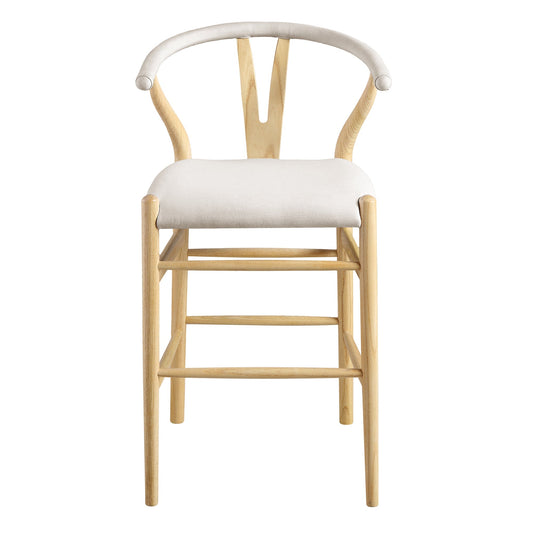Tabouret de bar rembourré Hansel Wishbone, tissu beige et cadre naturel