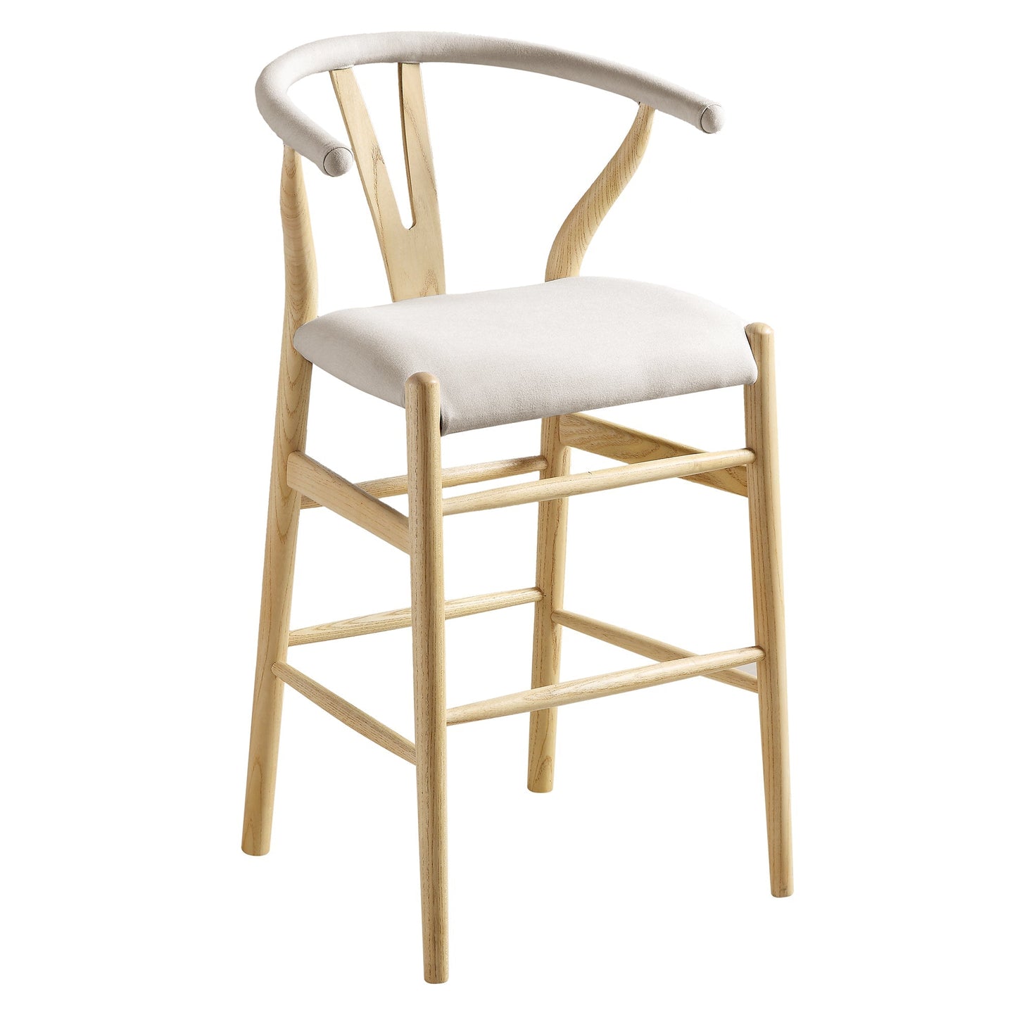 Tabouret de bar rembourré Hansel Wishbone, tissu beige et cadre naturel