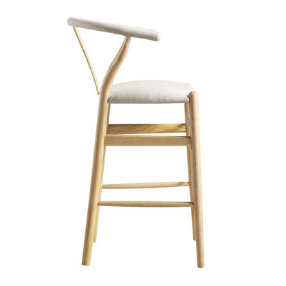 Tabouret de bar rembourré Hansel Wishbone, tissu beige et cadre naturel