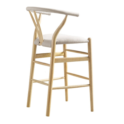 Tabouret de bar rembourré Hansel Wishbone, tissu beige et cadre naturel