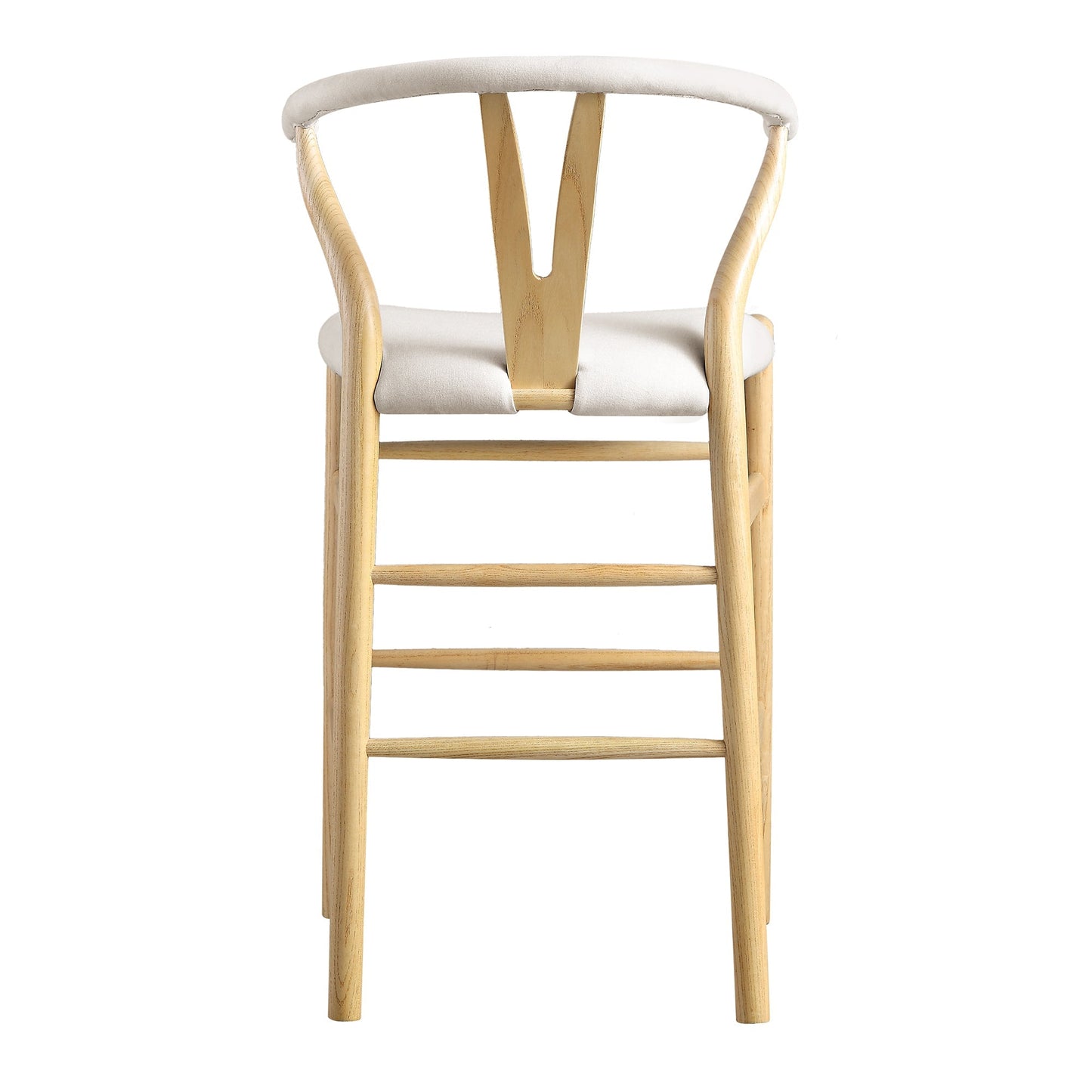 Tabouret de bar rembourré Hansel Wishbone, tissu beige et cadre naturel