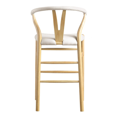 Tabouret de bar rembourré Hansel Wishbone, tissu beige et cadre naturel