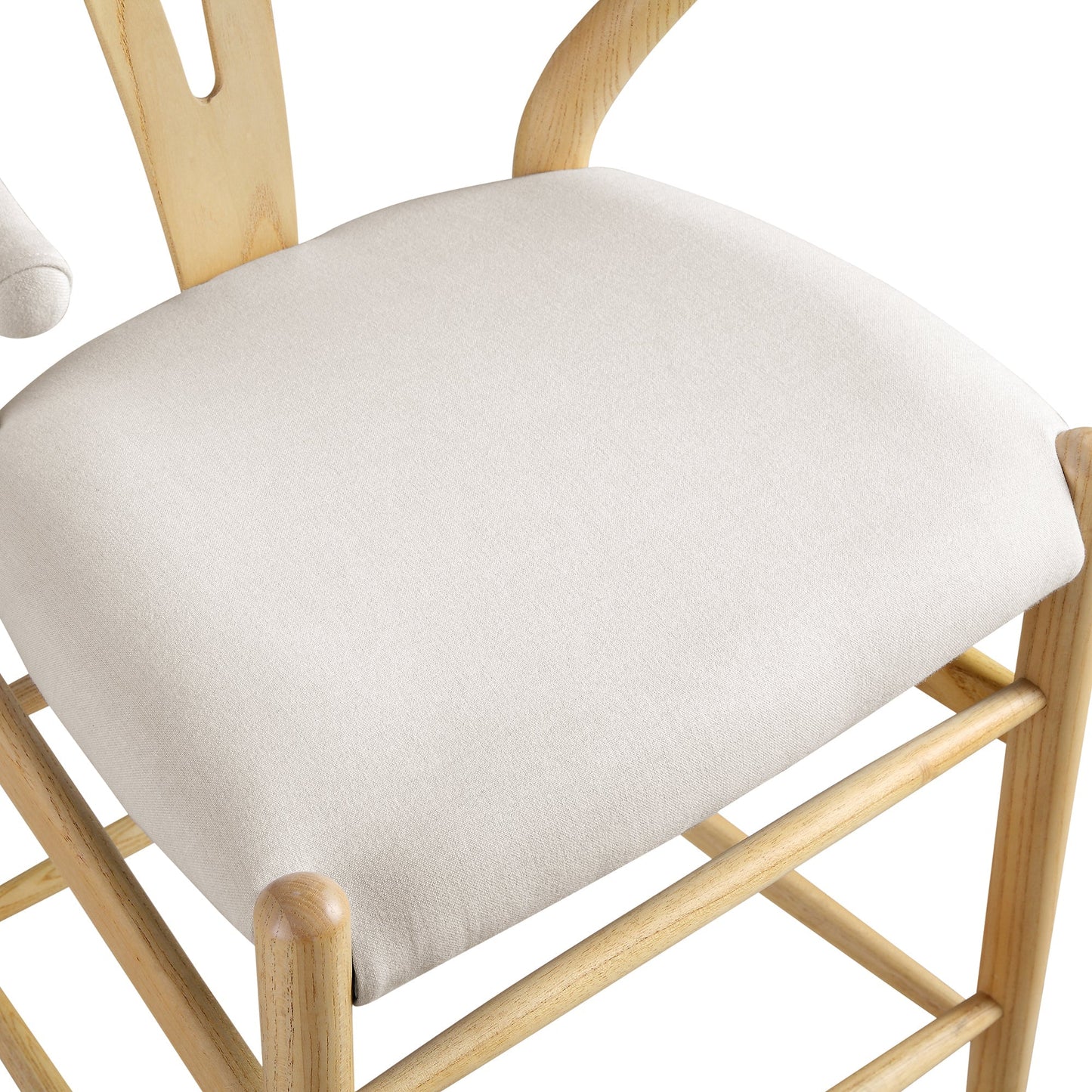 Tabouret de bar rembourré Hansel Wishbone, tissu beige et cadre naturel
