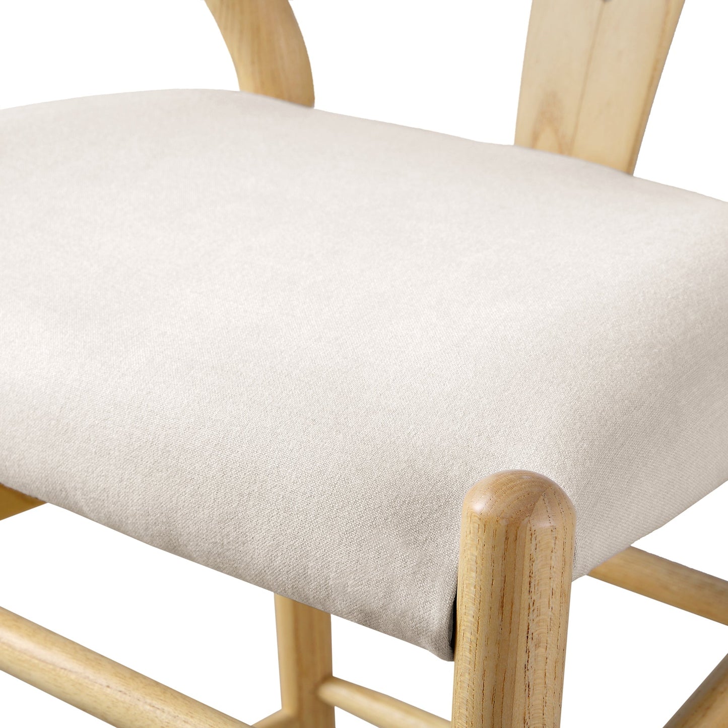 Tabouret de bar rembourré Hansel Wishbone, tissu beige et cadre naturel