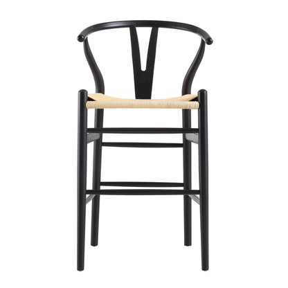 Tabouret de bar Hansel en bois tressé naturel, structure noire