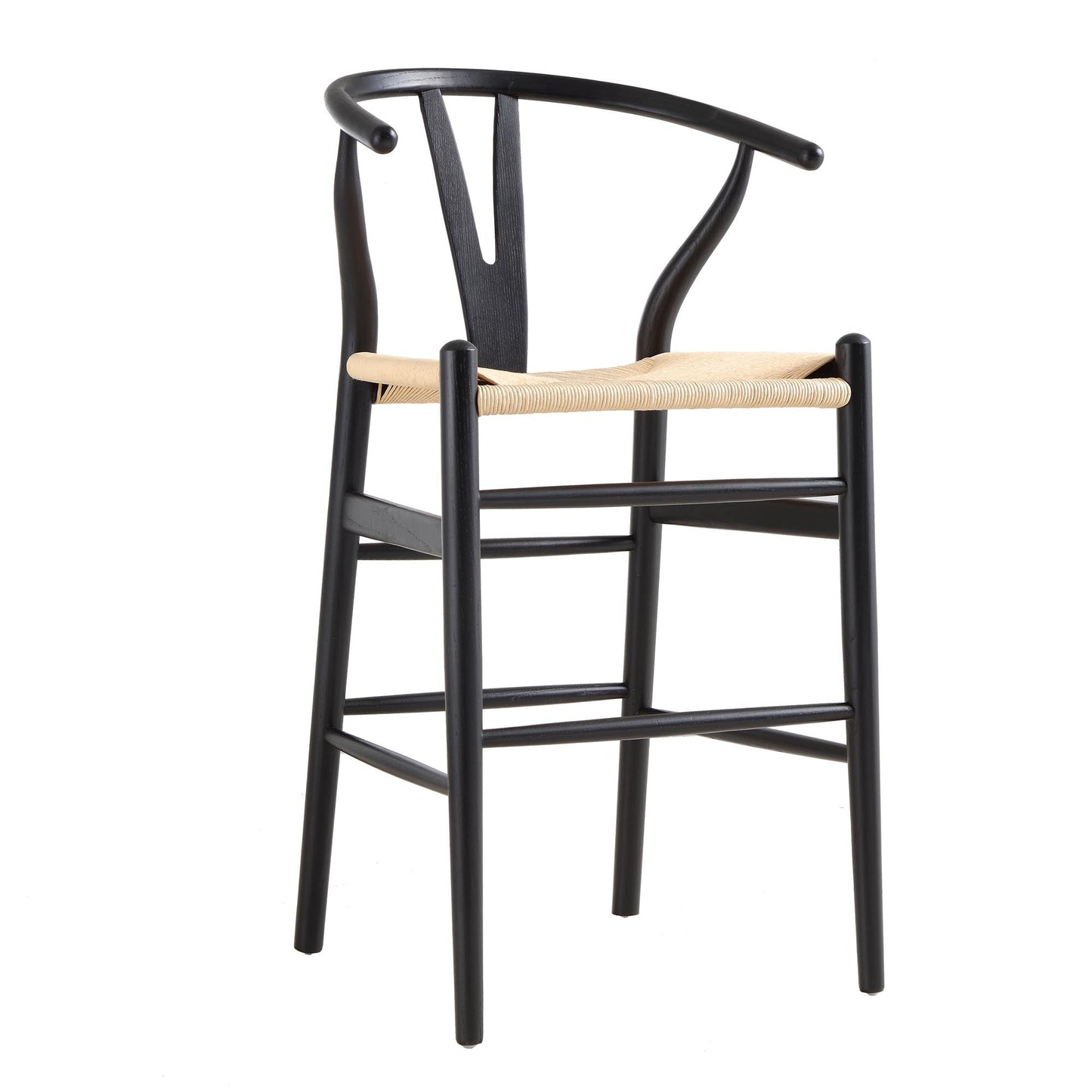 Tabouret de bar Hansel en bois tressé naturel, structure noire
