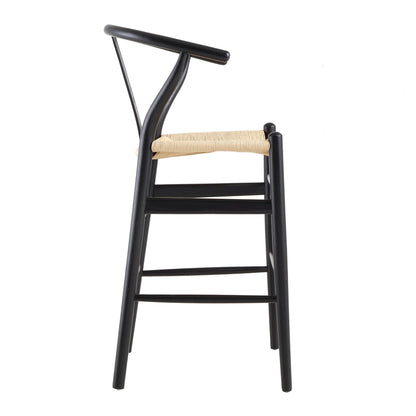 Tabouret de bar Hansel en bois tressé naturel, structure noire