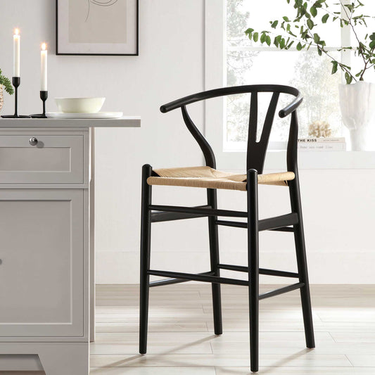 Tabouret de bar Hansel en bois tressé naturel, structure noire