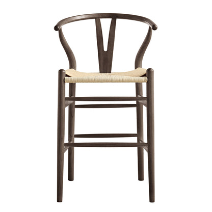 Tabouret de bar Hansel en bois tressé naturel, structure couleur noyer foncé