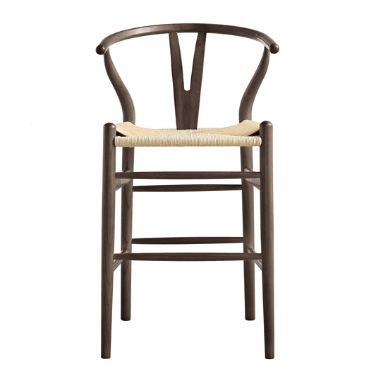 Tabouret de bar Hansel en bois tressé naturel, structure couleur noyer foncé