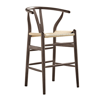 Tabouret de bar Hansel en bois tressé naturel, structure couleur noyer foncé