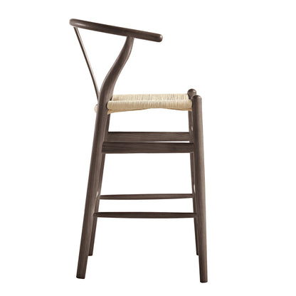 Tabouret de bar Hansel en bois tressé naturel, structure couleur noyer foncé