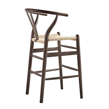 Tabouret de bar Hansel en bois tressé naturel, structure couleur noyer foncé