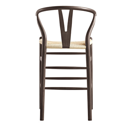 Tabouret de bar Hansel en bois tressé naturel, structure couleur noyer foncé