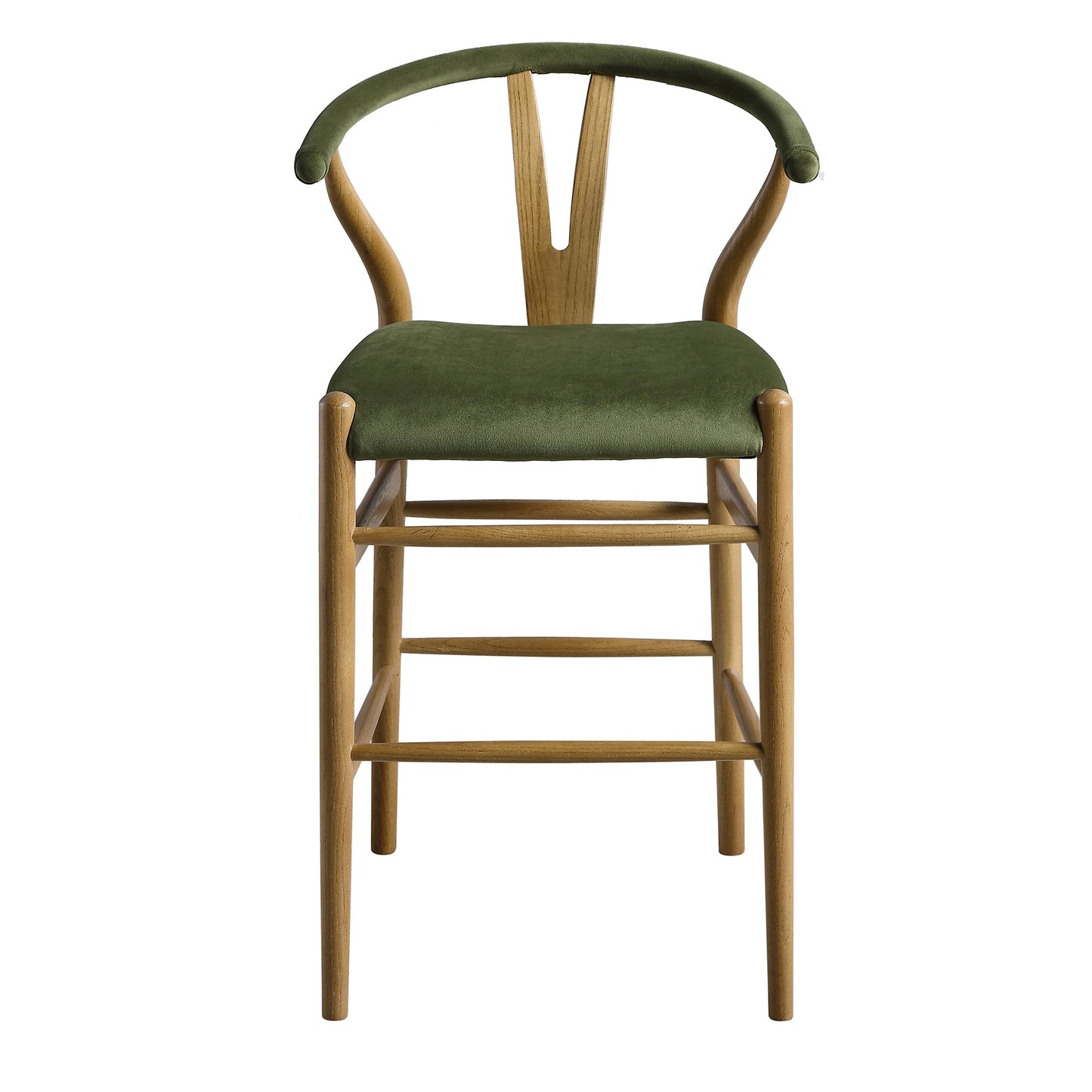 Tabouret de bar rembourré Hansel Wishbone, velours vert mousse et cadre en noyer clair