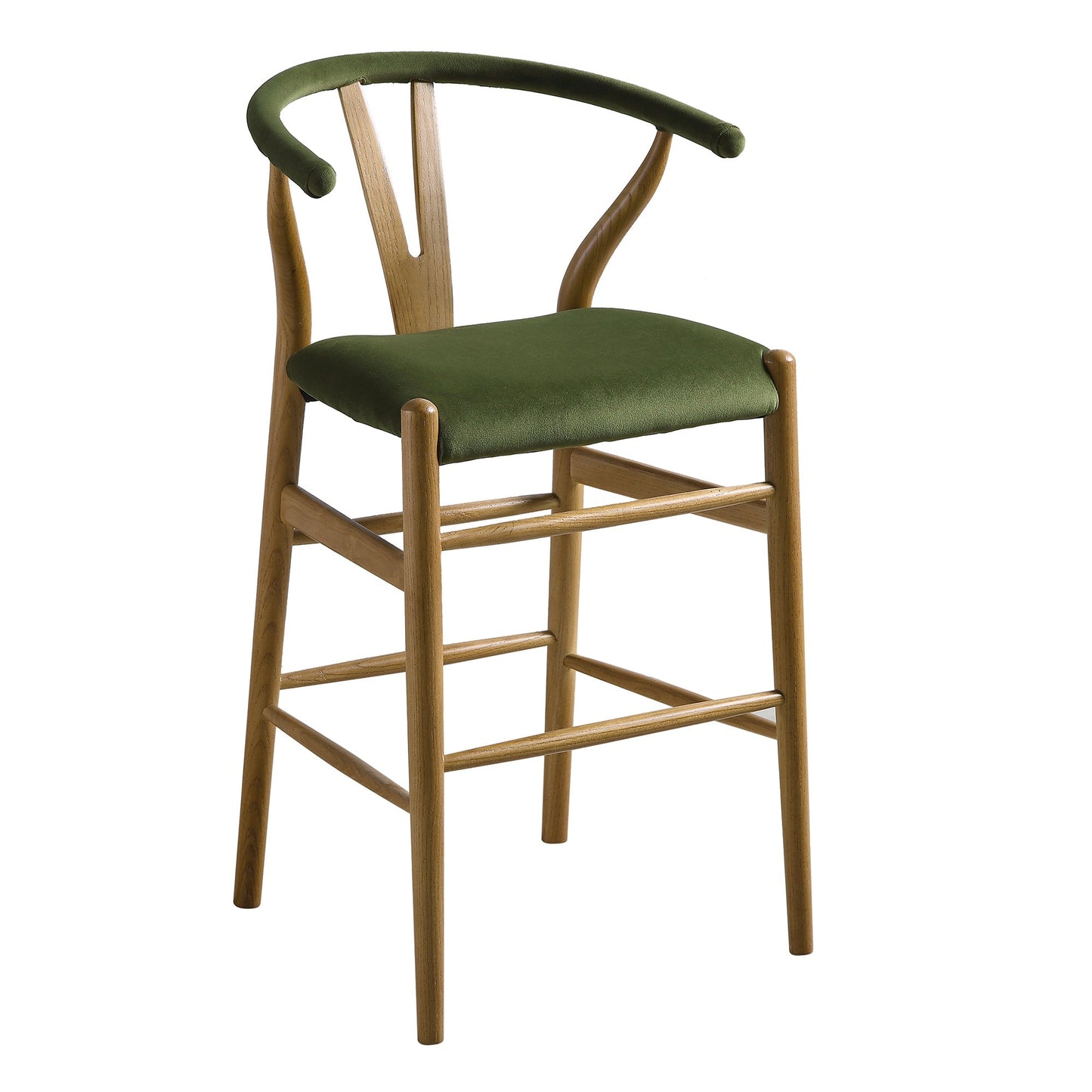Tabouret de bar rembourré Hansel Wishbone, velours vert mousse et cadre en noyer clair