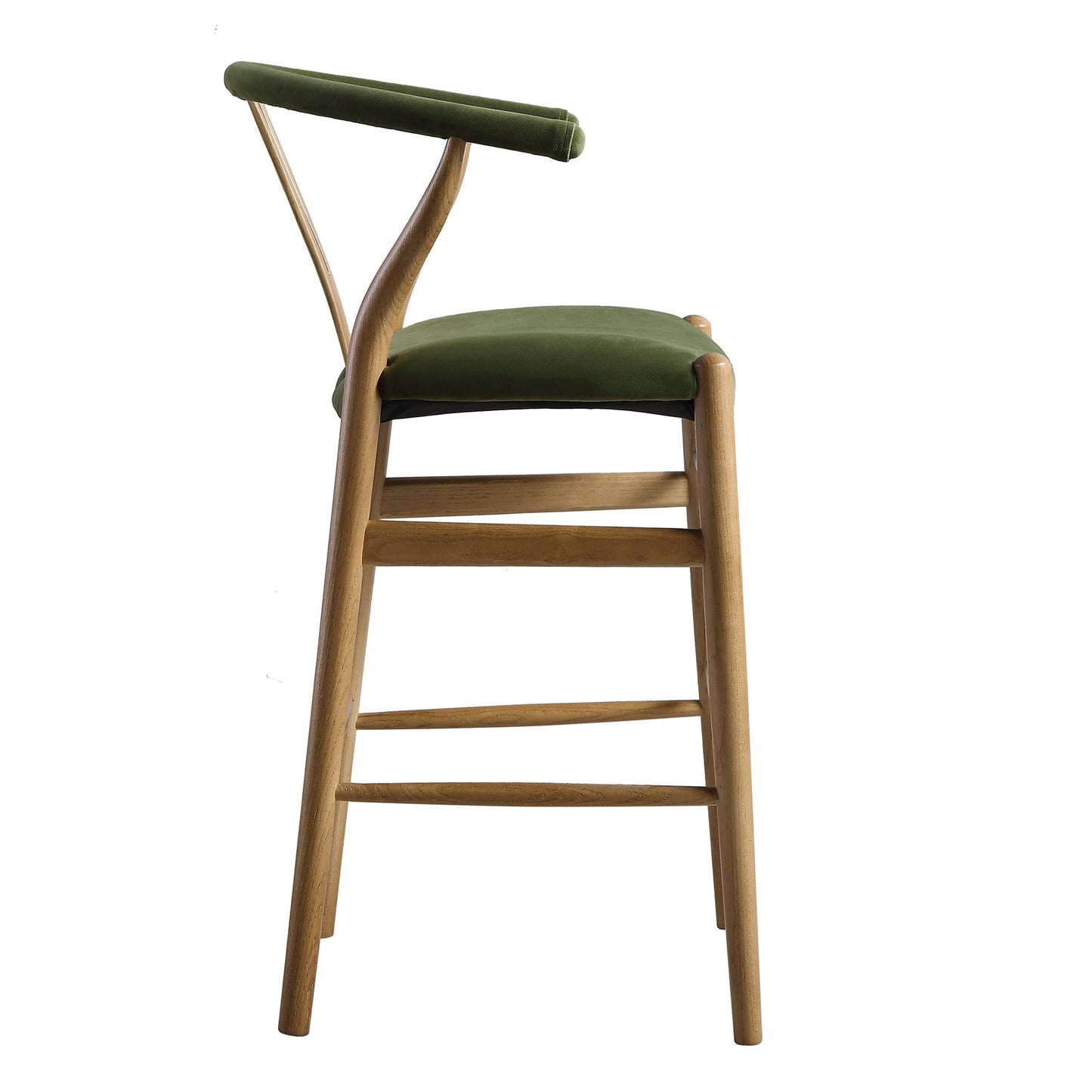 Tabouret de bar rembourré Hansel Wishbone, velours vert mousse et cadre en noyer clair