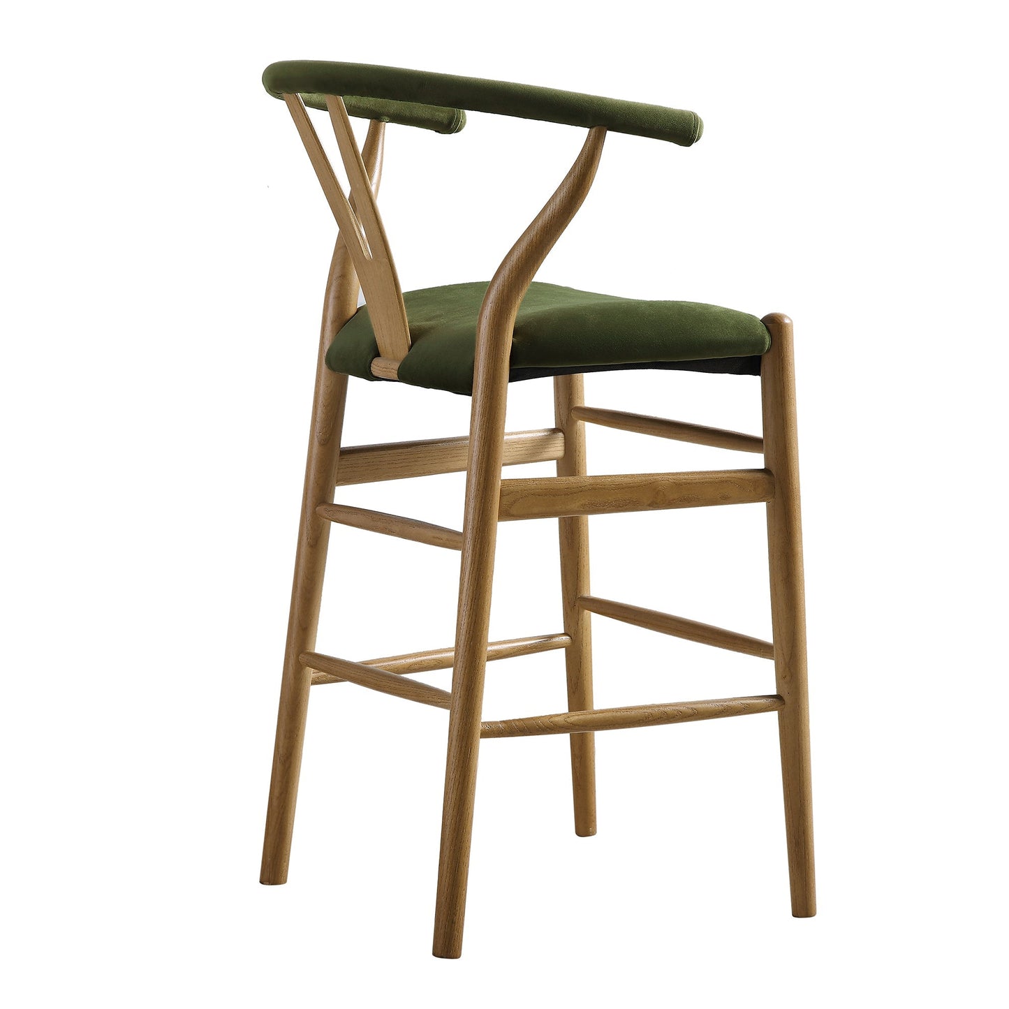 Tabouret de bar rembourré Hansel Wishbone, velours vert mousse et cadre en noyer clair