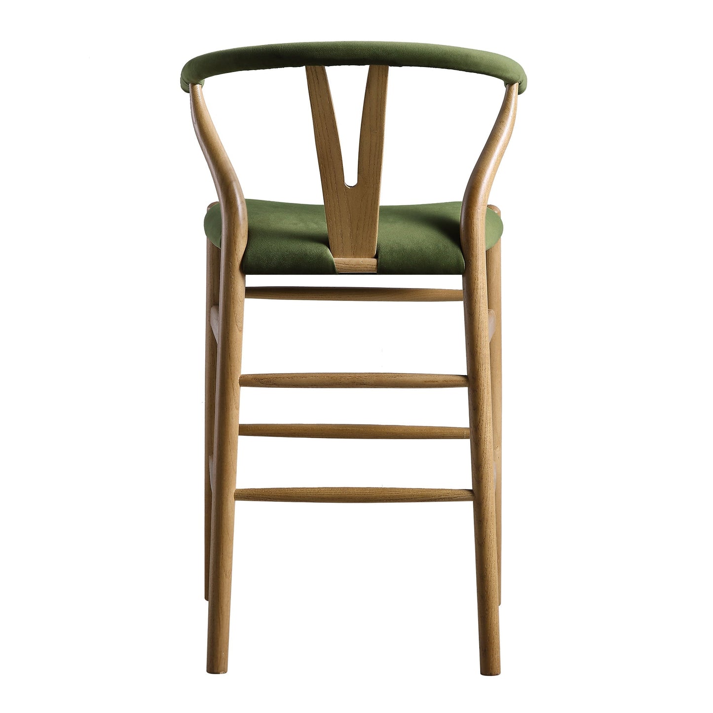 Tabouret de bar rembourré Hansel Wishbone, velours vert mousse et cadre en noyer clair