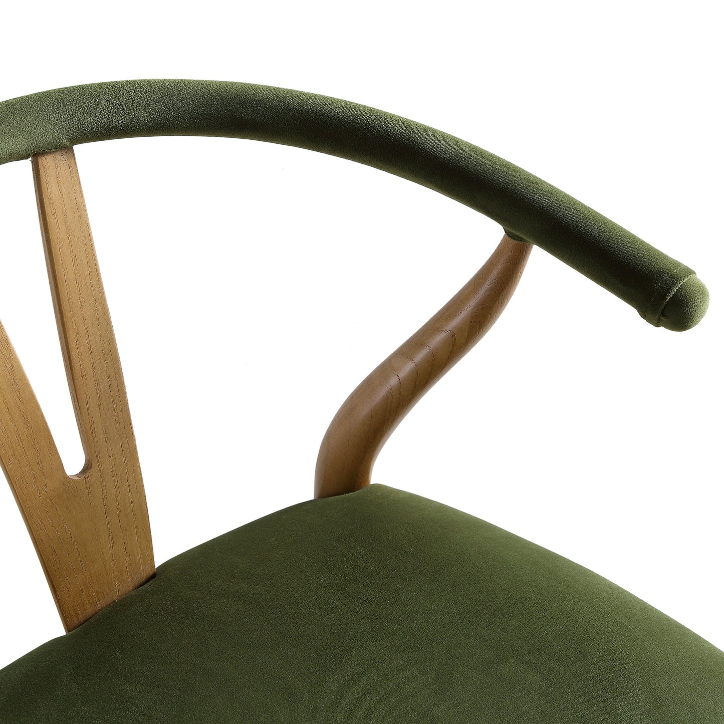 Tabouret de bar rembourré Hansel Wishbone, velours vert mousse et cadre en noyer clair