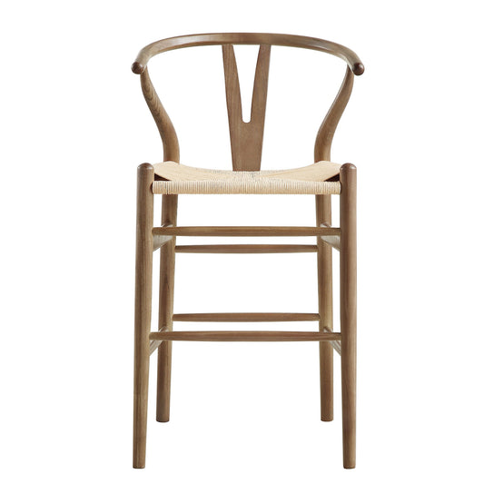 Tabouret de bar Hansel en bois tressé naturel, structure couleur noyer clair