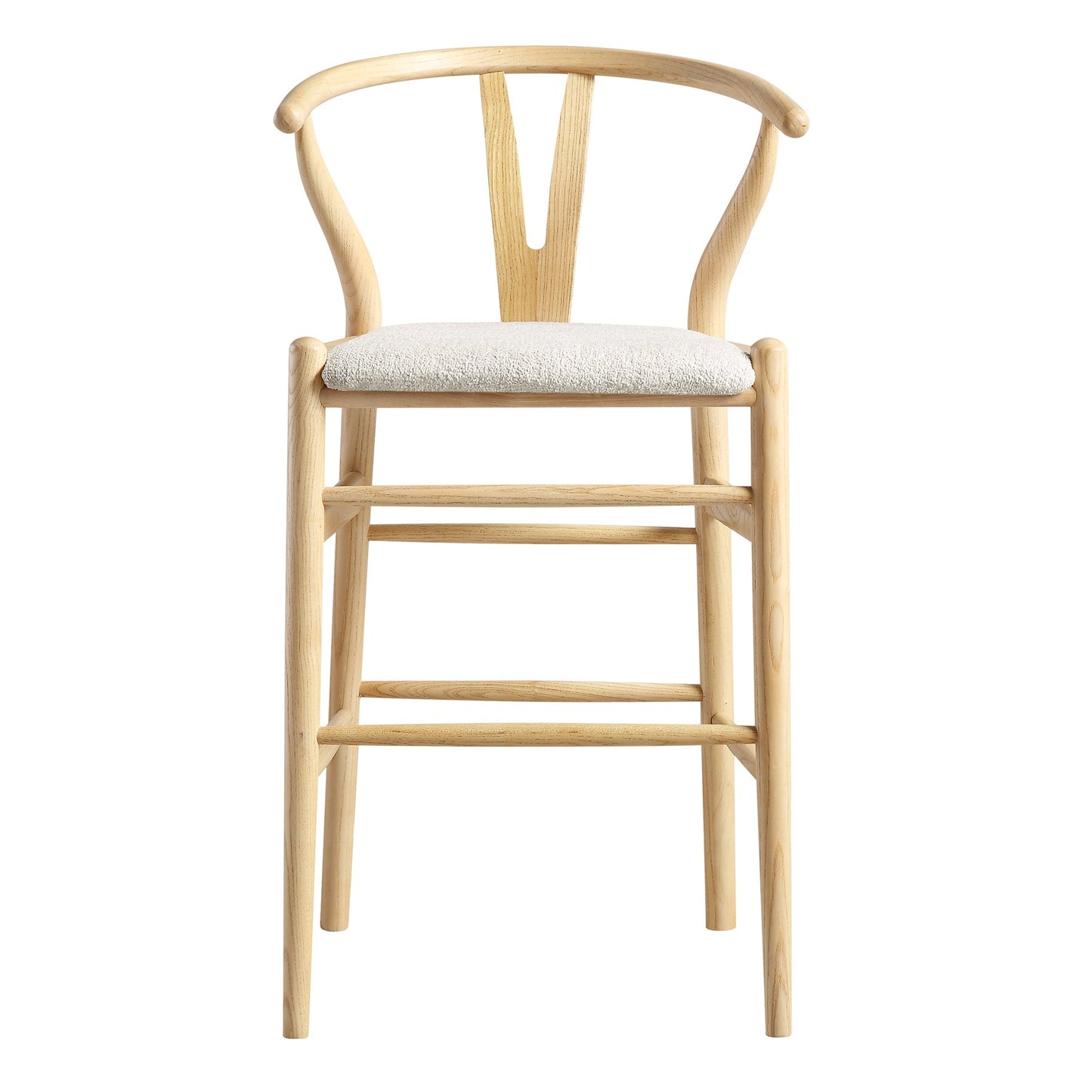 Tabouret de bar rembourré Hansel Wishbone, boucle blanc ivoire et cadre naturel