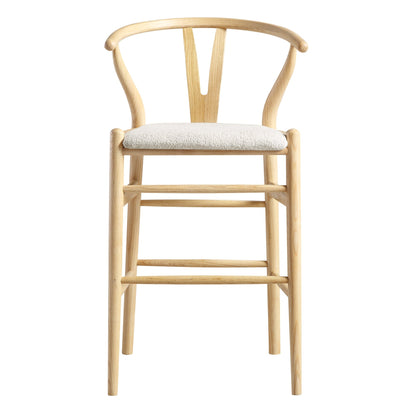 Tabouret de bar rembourré Hansel Wishbone, boucle blanc ivoire et cadre naturel
