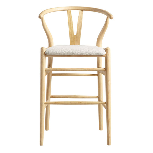 Tabouret de bar rembourré Hansel Wishbone, boucle blanc ivoire et cadre naturel