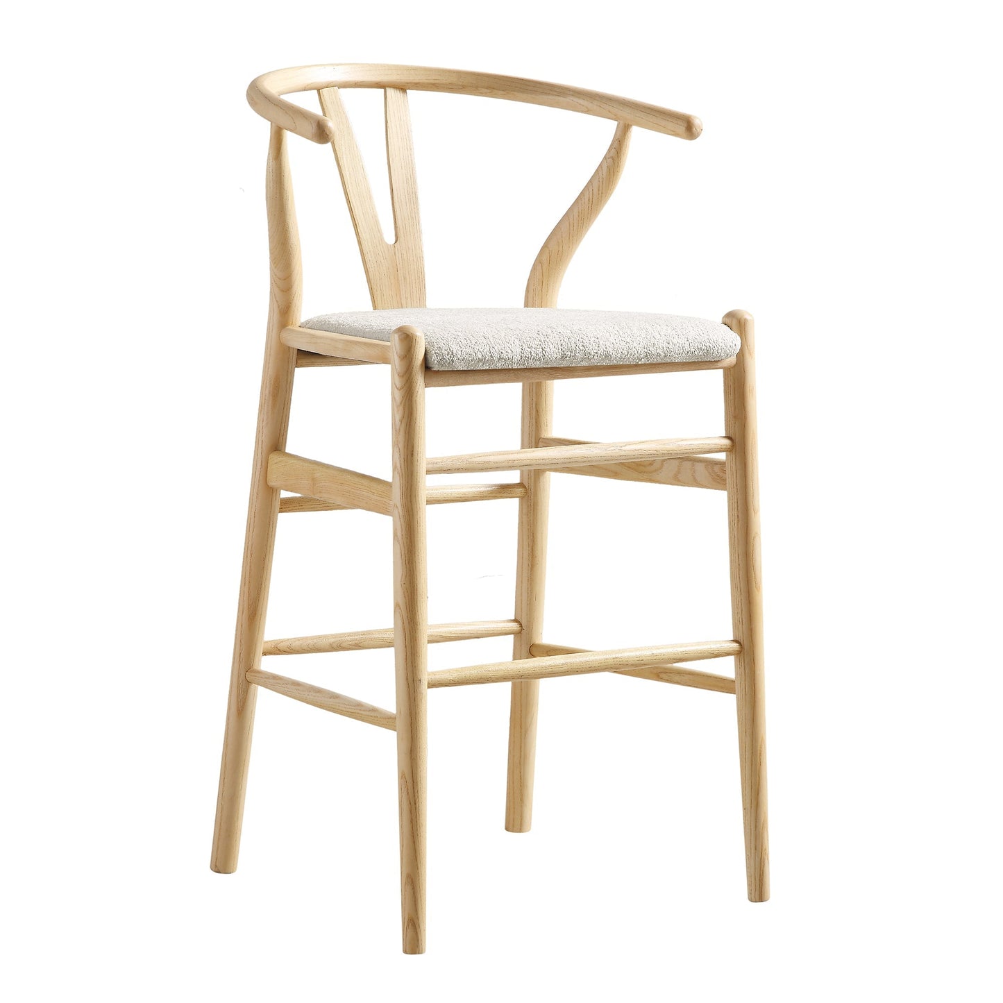 Tabouret de bar rembourré Hansel Wishbone, boucle blanc ivoire et cadre naturel