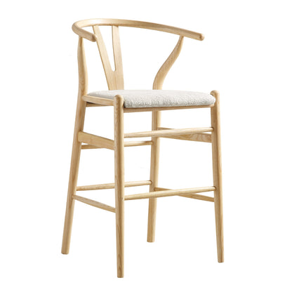 Tabouret de bar rembourré Hansel Wishbone, boucle blanc ivoire et cadre naturel